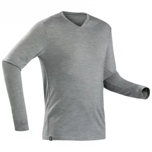 T-shirt laine mérinos de trek voyage - TRAVEL 100 manches longues kaki homme