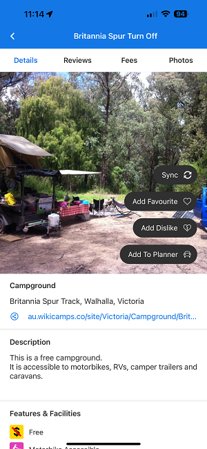 Les détails d'un spot sur Wikicamps