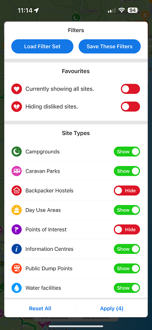 Les filtres disponibles sur Wikicamps