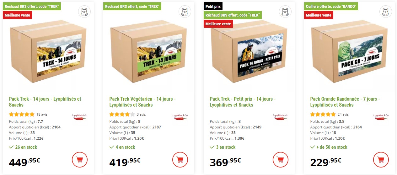 plusieurs packs de repas lyophilisés